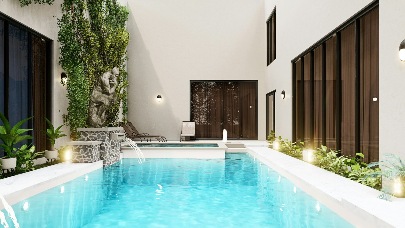 Modern courtyard swimming pool with garden